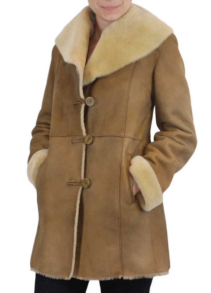 SMALL BEIGE FITTED RAW EDGE SHEARLING COAT, SHEEPSKIN JACKET