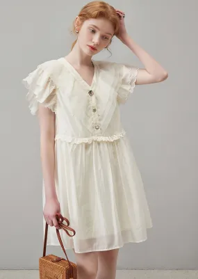 STITCHING LOOSE BABYDOLL NECK FRENCH DRESS