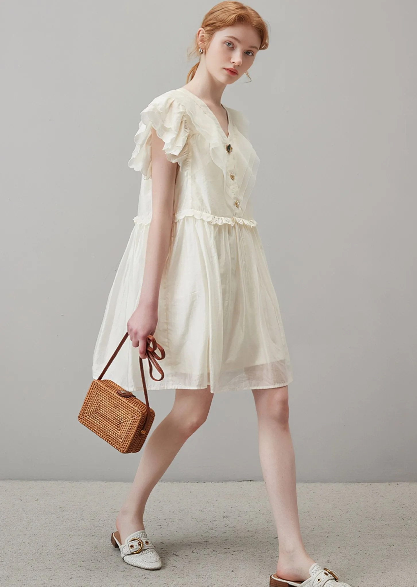 STITCHING LOOSE BABYDOLL NECK FRENCH DRESS