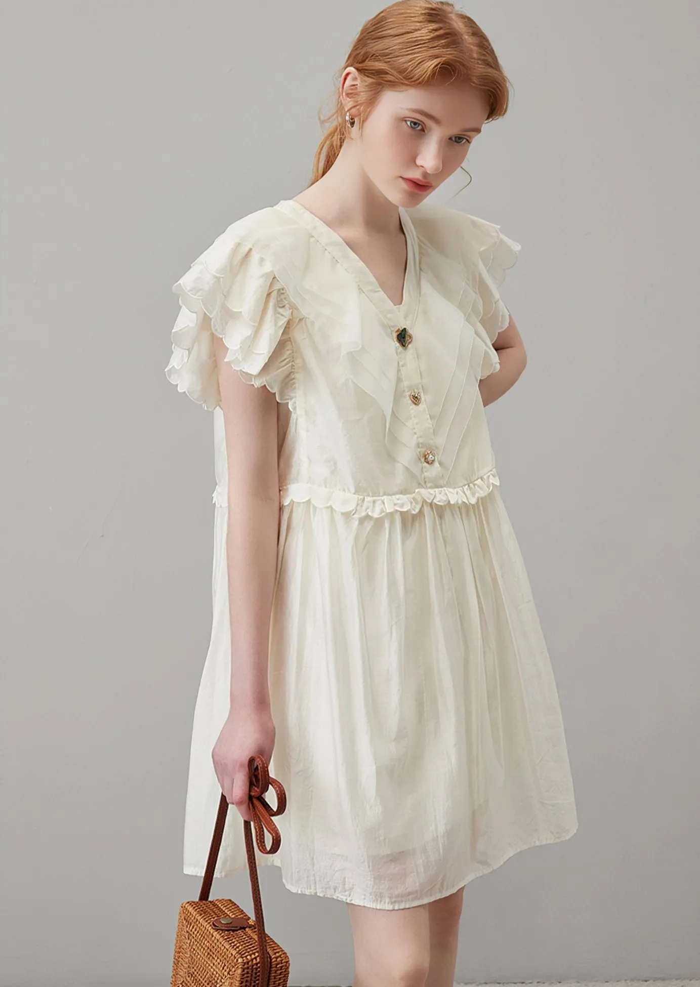 STITCHING LOOSE BABYDOLL NECK FRENCH DRESS