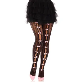 Sweetheart Striped Net Tights With Keyhole and  Mini Bow Detail - One Size - Black