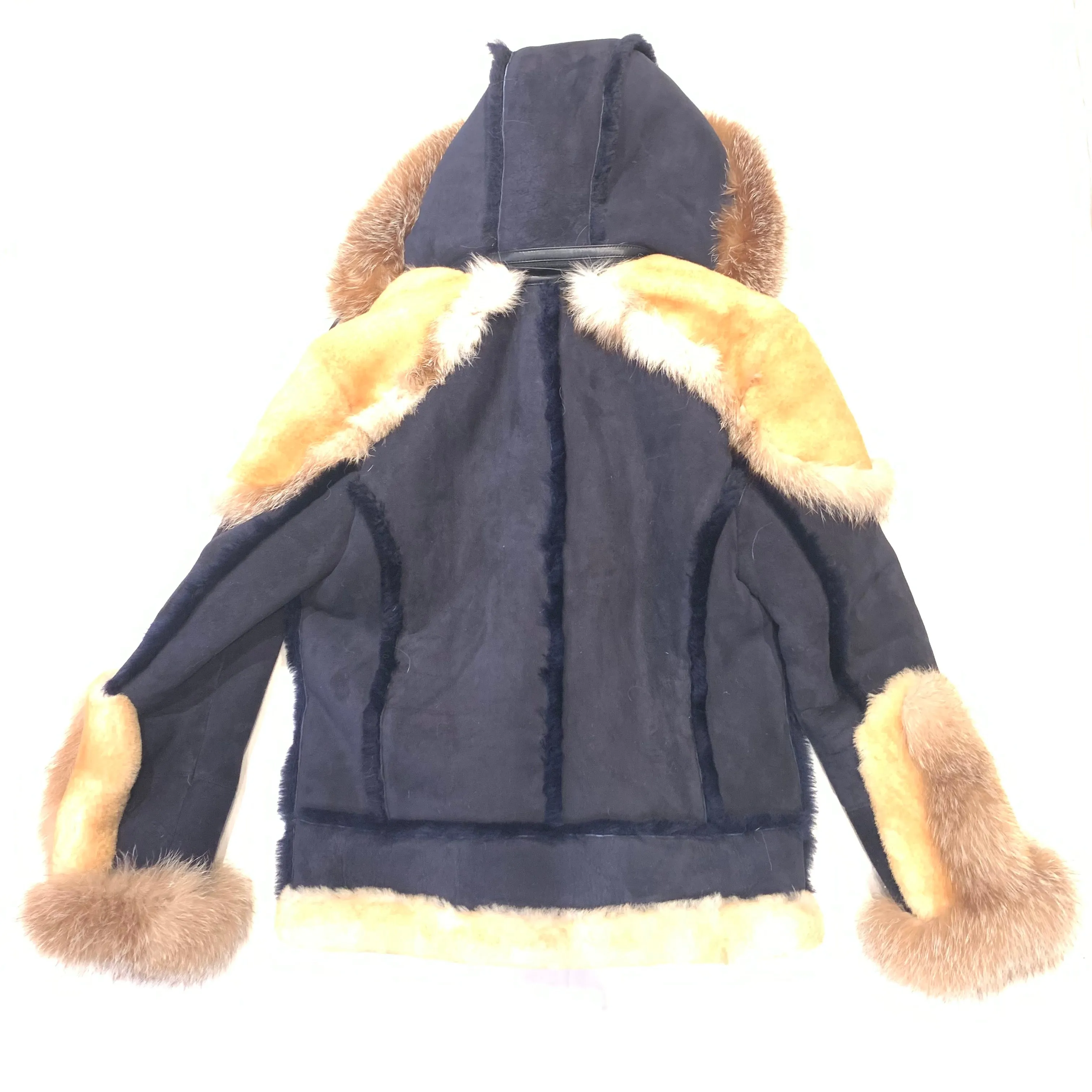 Temer Men's Navy Blue Over Sized Fox Fur Collar/ Hooded Shearling Jacket