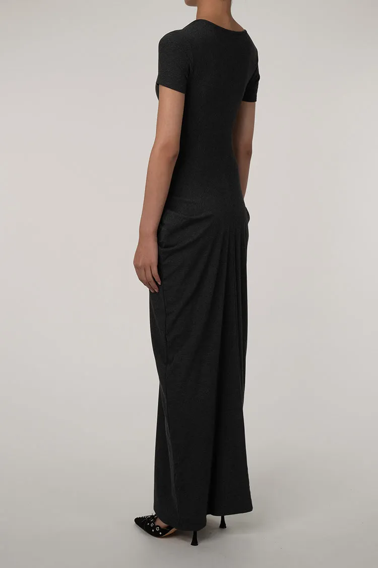 Unique Plunge Short Sleeve Draped Detail Cinch Waist Jersey Maxi Dress