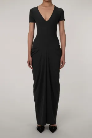 Unique Plunge Short Sleeve Draped Detail Cinch Waist Jersey Maxi Dress