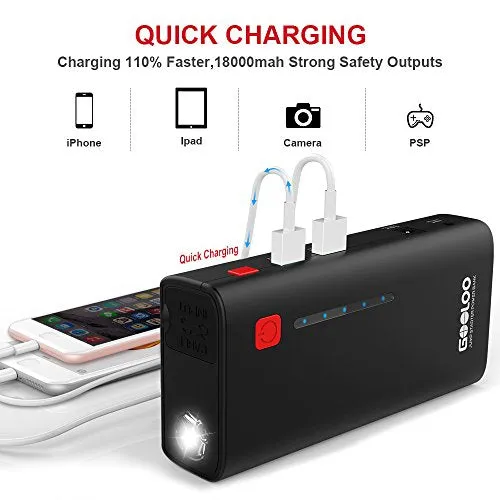 Upgraded Car Jump Starter, GOOLOO 800A Peak 18000mAh (Up to 7.0L Gas or 5.5L Diesel Engine) Portable Auto Battery Booster Power Pack Phone Charger with Quick Charge 3.0, Built-in LED Light