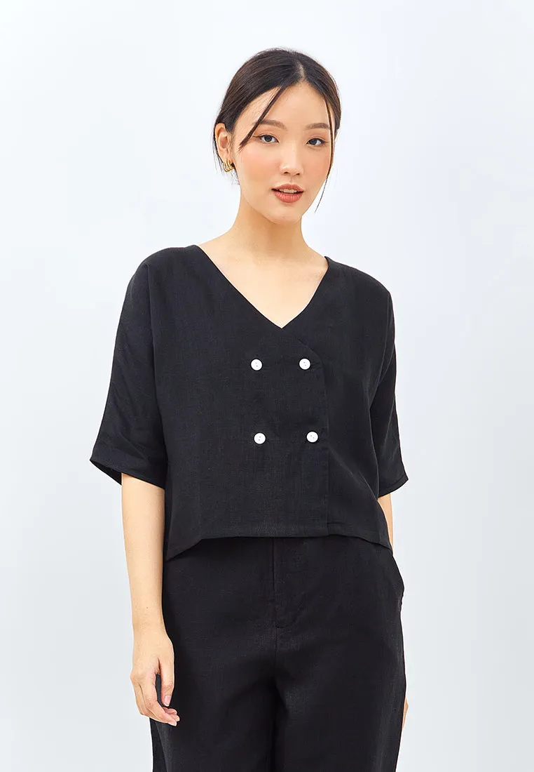 V-neck Button Linen Jacket in Black