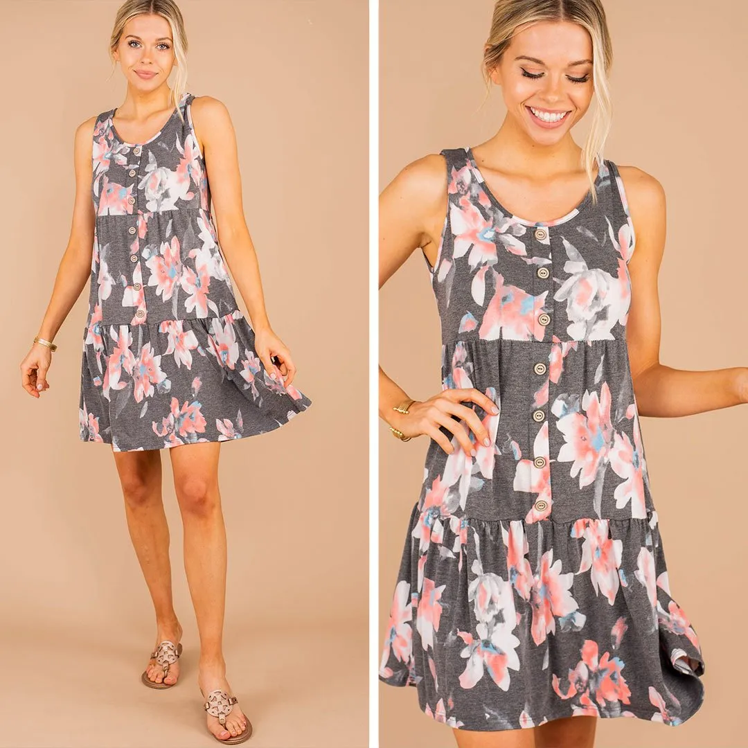 What A Lovely Life Charcoal Gray Floral Dress