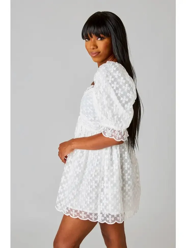 White Floral Eyelet Babydoll Mini Dress