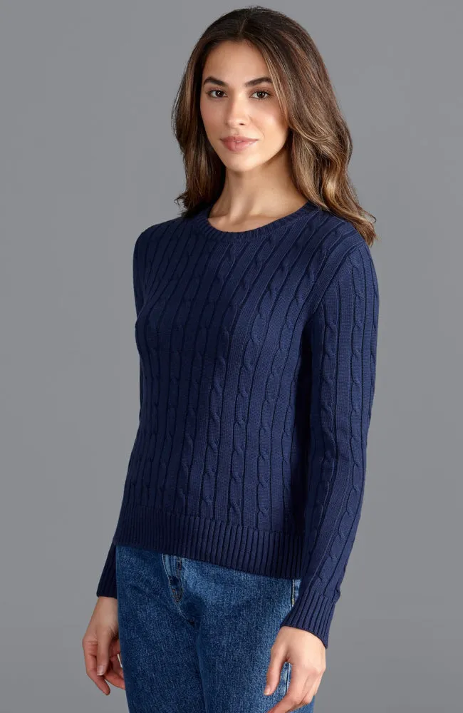 Womens 100% Cotton Crew Neck Cable Jumper