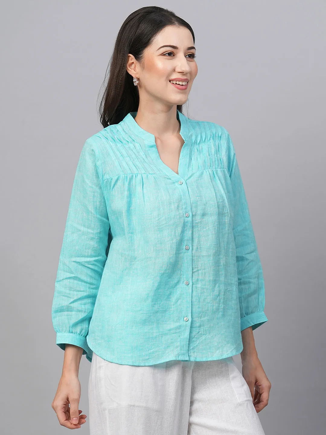 Women's Aqua Linen Regular Fit Blouse