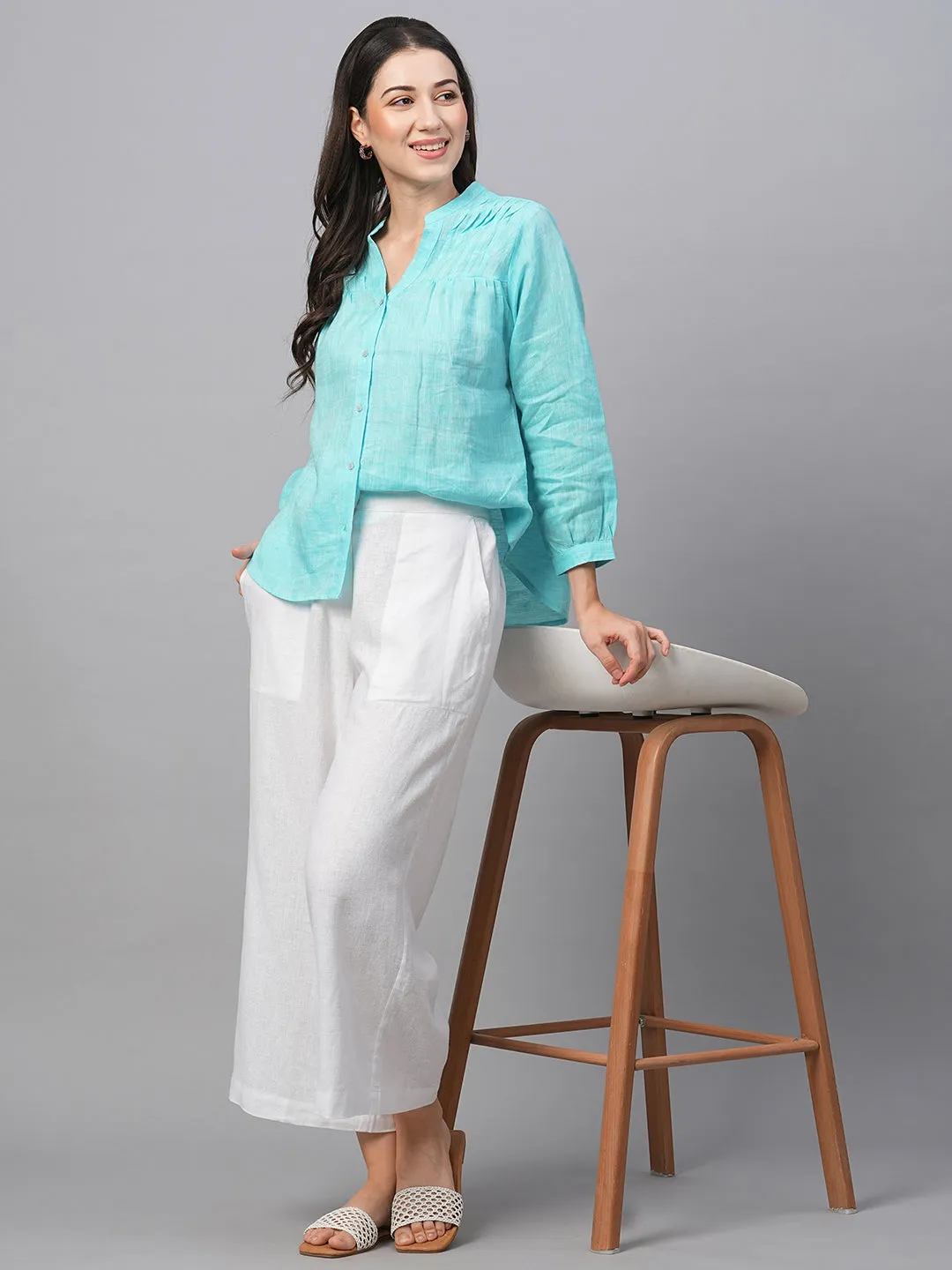 Women's Aqua Linen Regular Fit Blouse