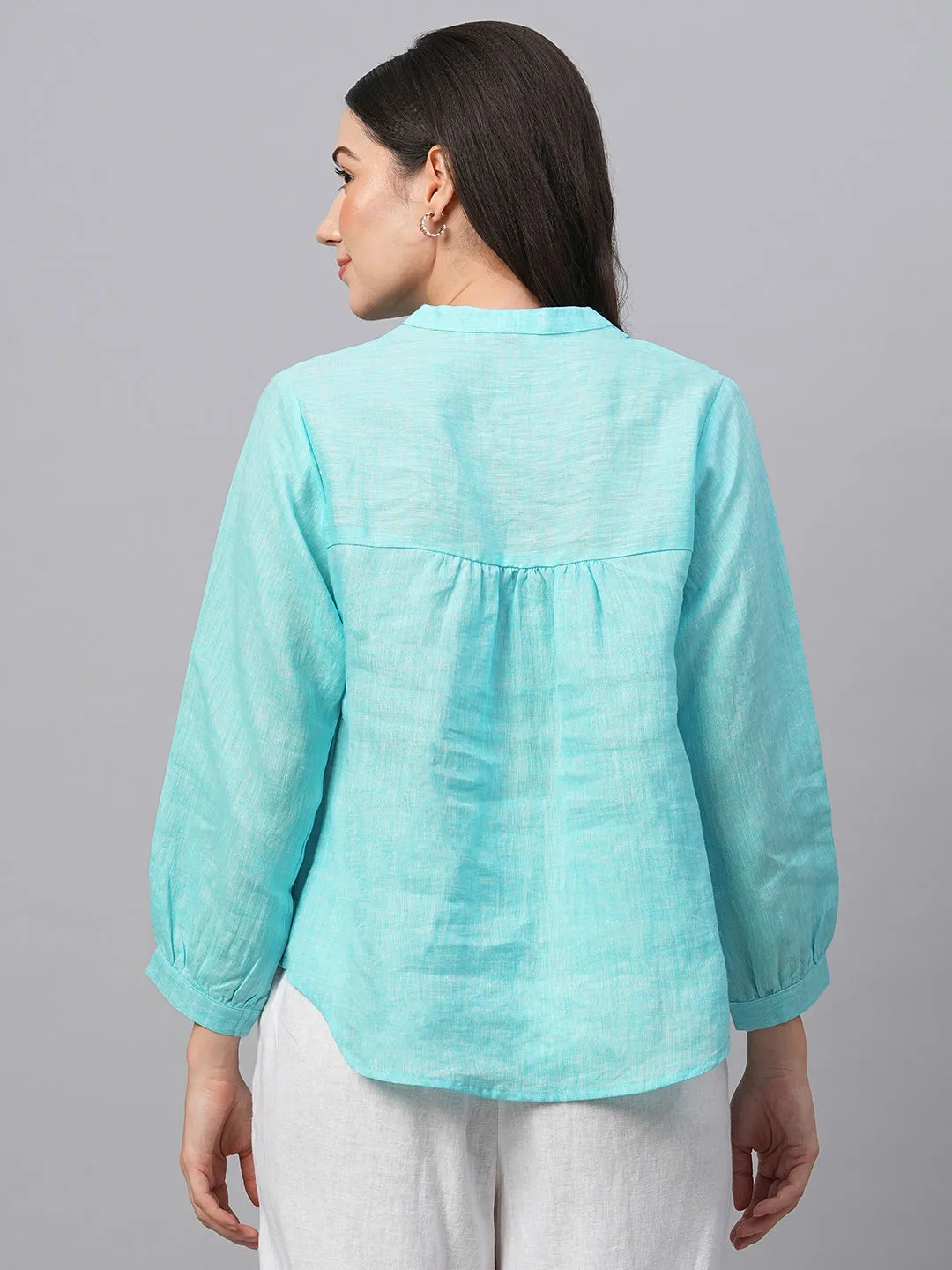 Women's Aqua Linen Regular Fit Blouse