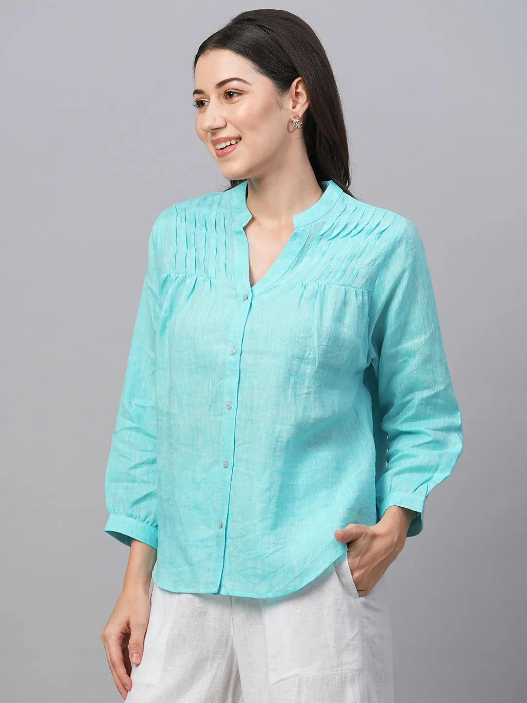 Women's Aqua Linen Regular Fit Blouse