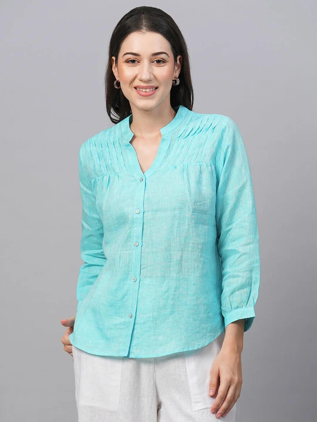 Women's Aqua Linen Regular Fit Blouse