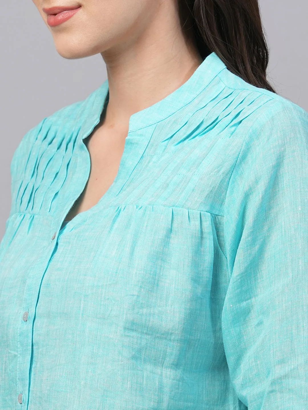 Women's Aqua Linen Regular Fit Blouse