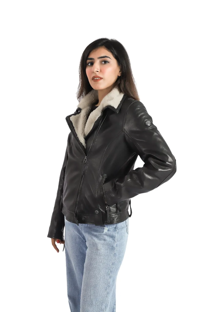 Womens Aviator Bomber Sheep Leather Jacket with Fur Collar High Designer Quality - ELF13