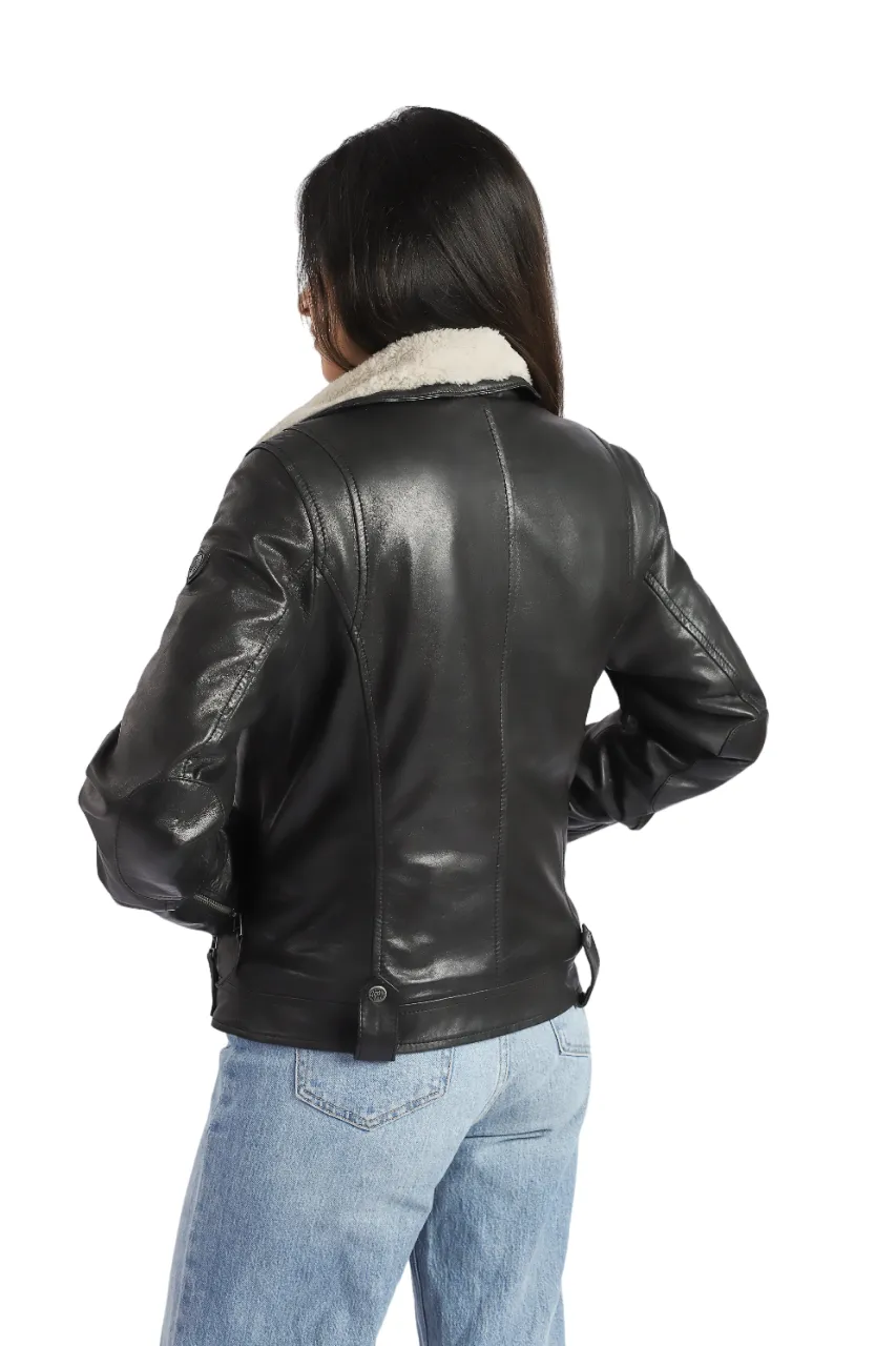 Womens Aviator Bomber Sheep Leather Jacket with Fur Collar High Designer Quality - ELF13