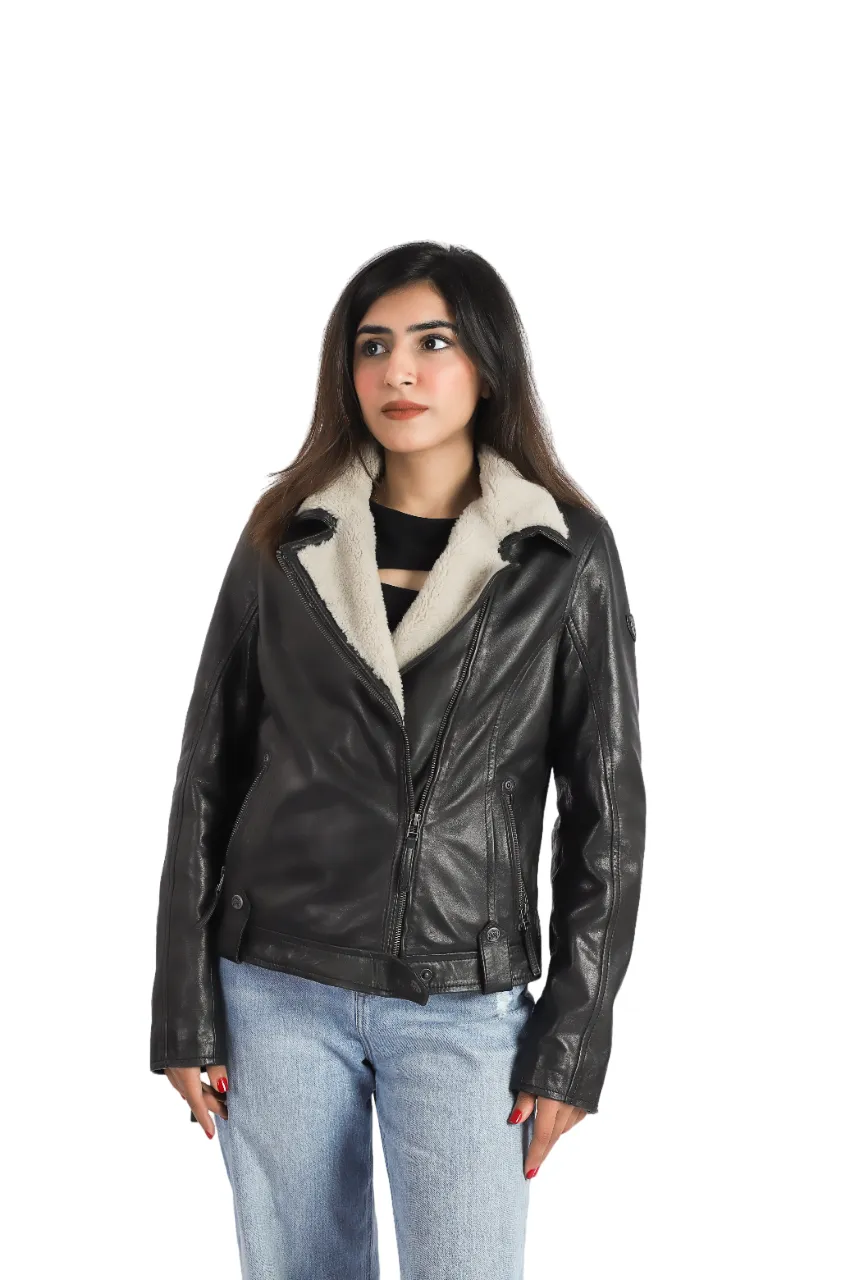 Womens Aviator Bomber Sheep Leather Jacket with Fur Collar High Designer Quality - ELF13