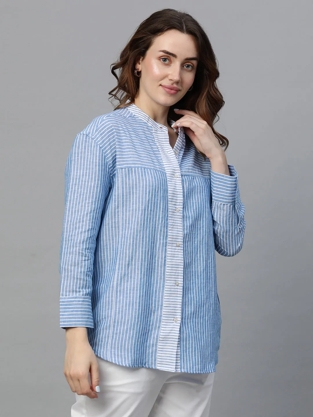 Women's Blue Linen Regular Fit Blouse