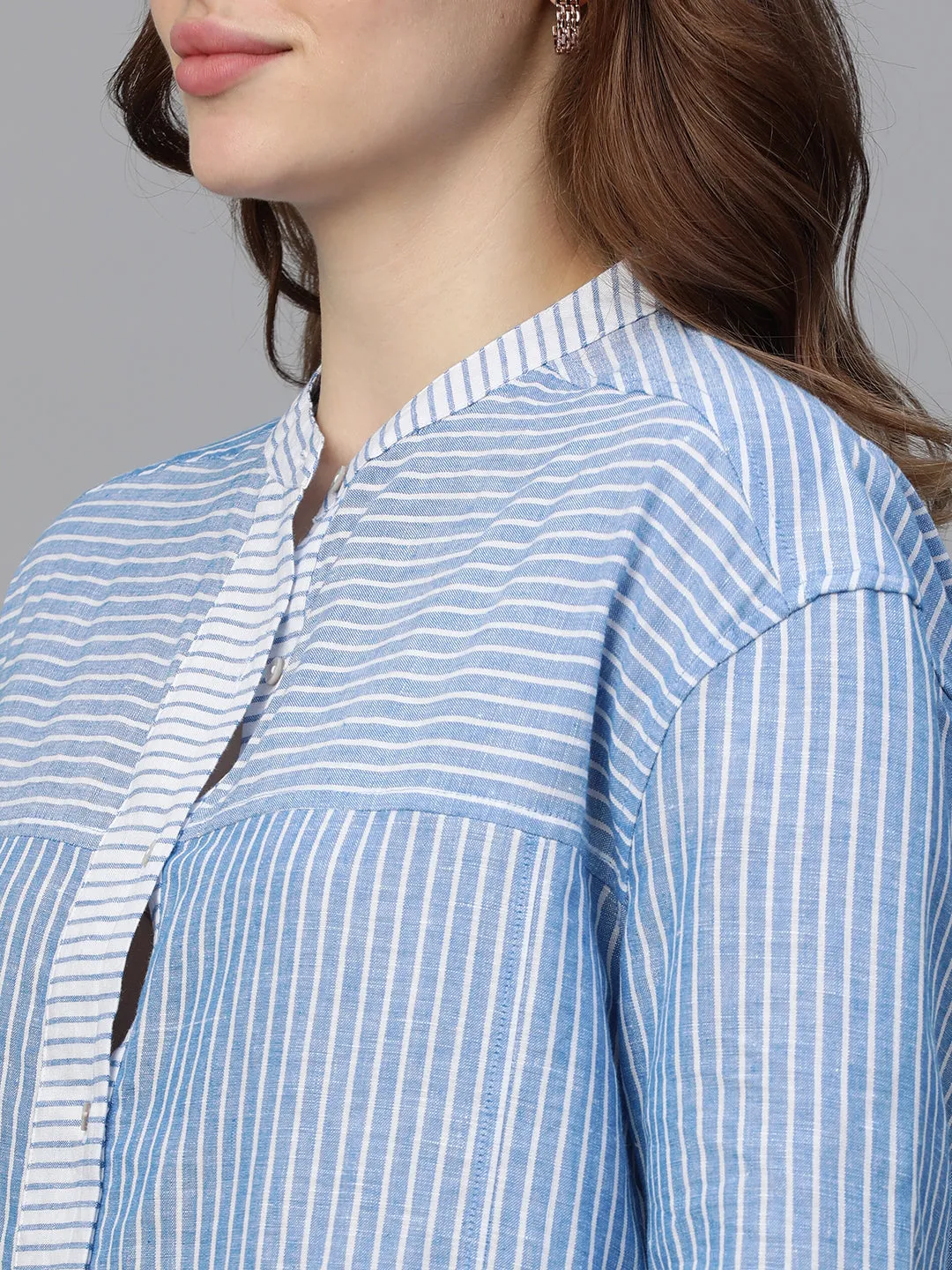 Women's Blue Linen Regular Fit Blouse