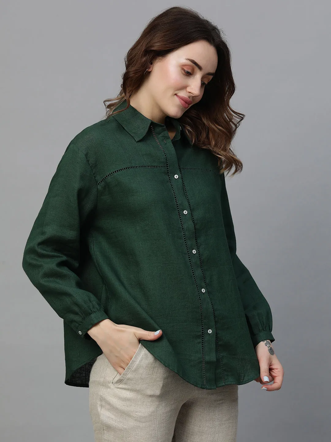 Women's Darkgreen Linen Regular Fit Blouse