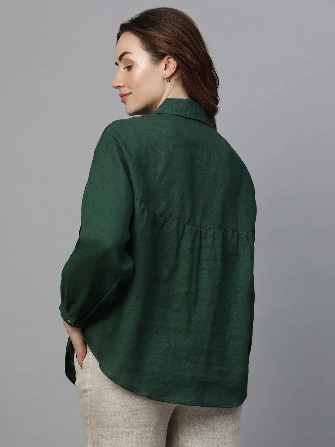 Women's Darkgreen Linen Regular Fit Blouse