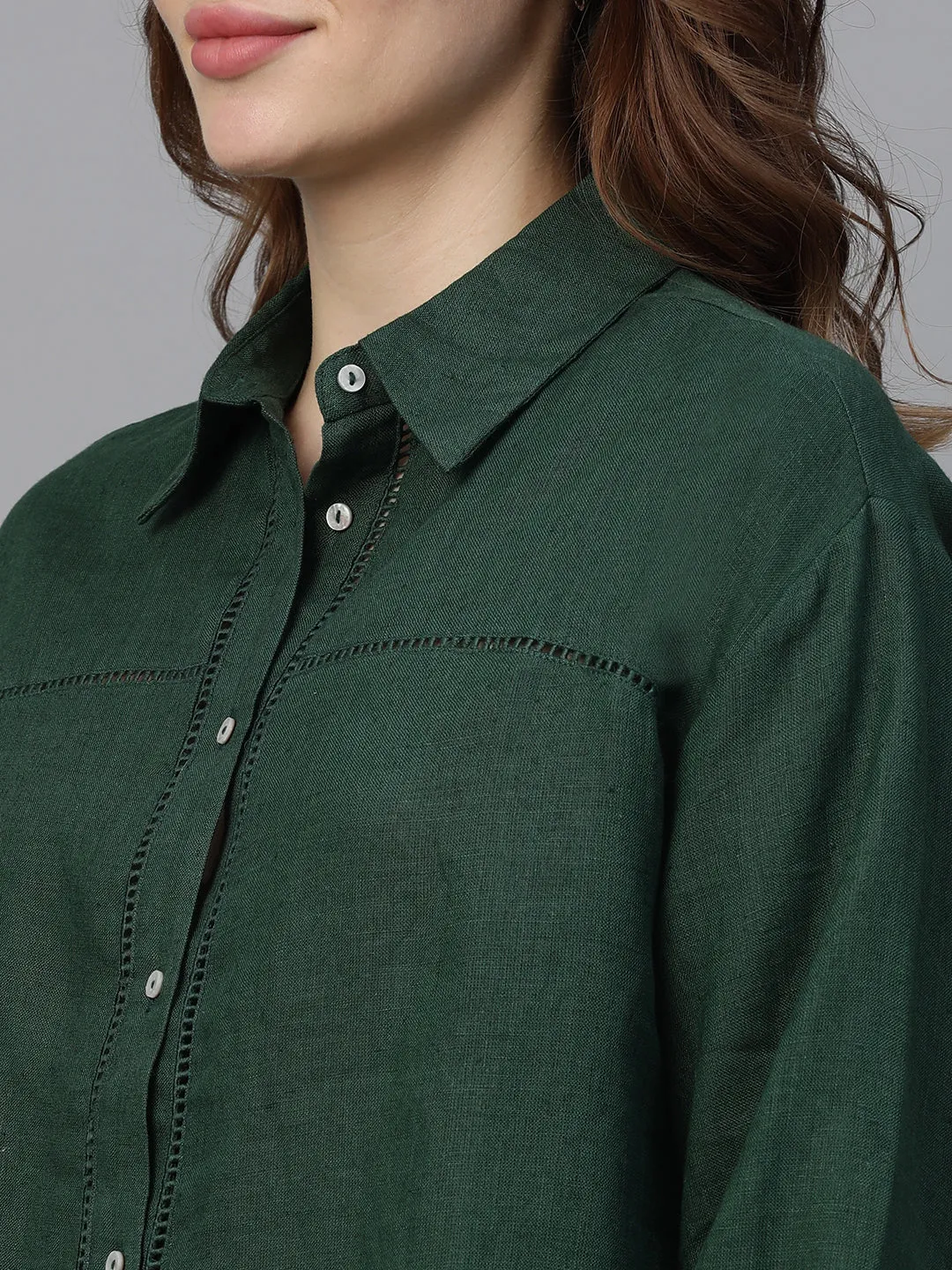 Women's Darkgreen Linen Regular Fit Blouse