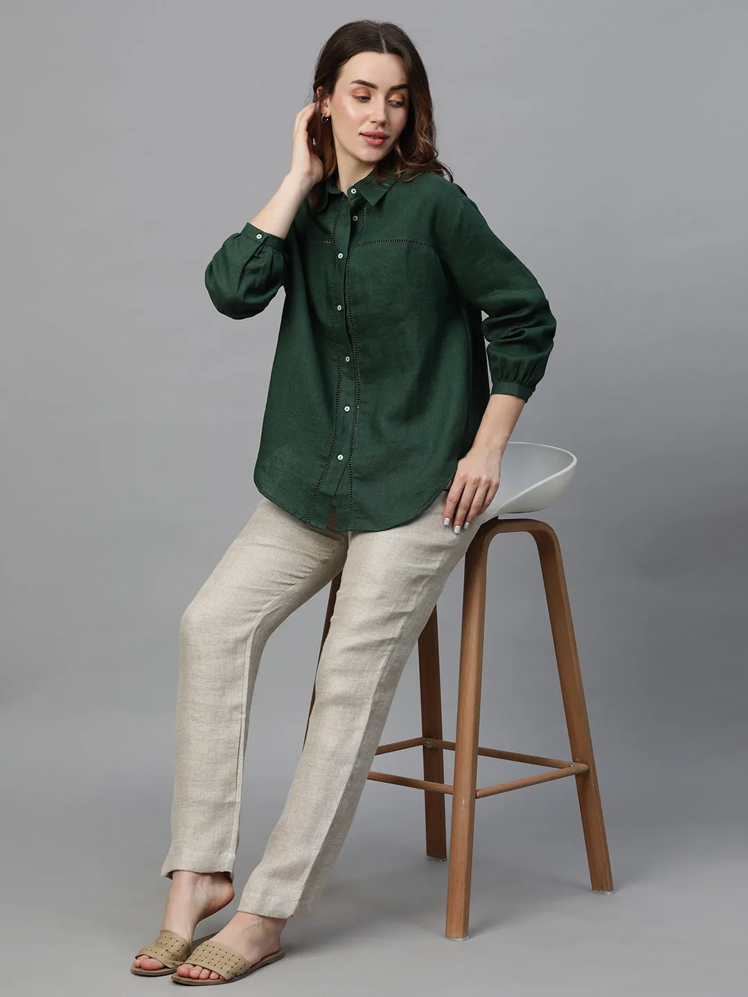 Women's Darkgreen Linen Regular Fit Blouse