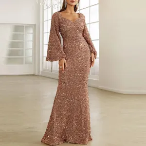 Women's Glitter Sparkly Sequin Floor Length Bodycon Maxi Prom Dress