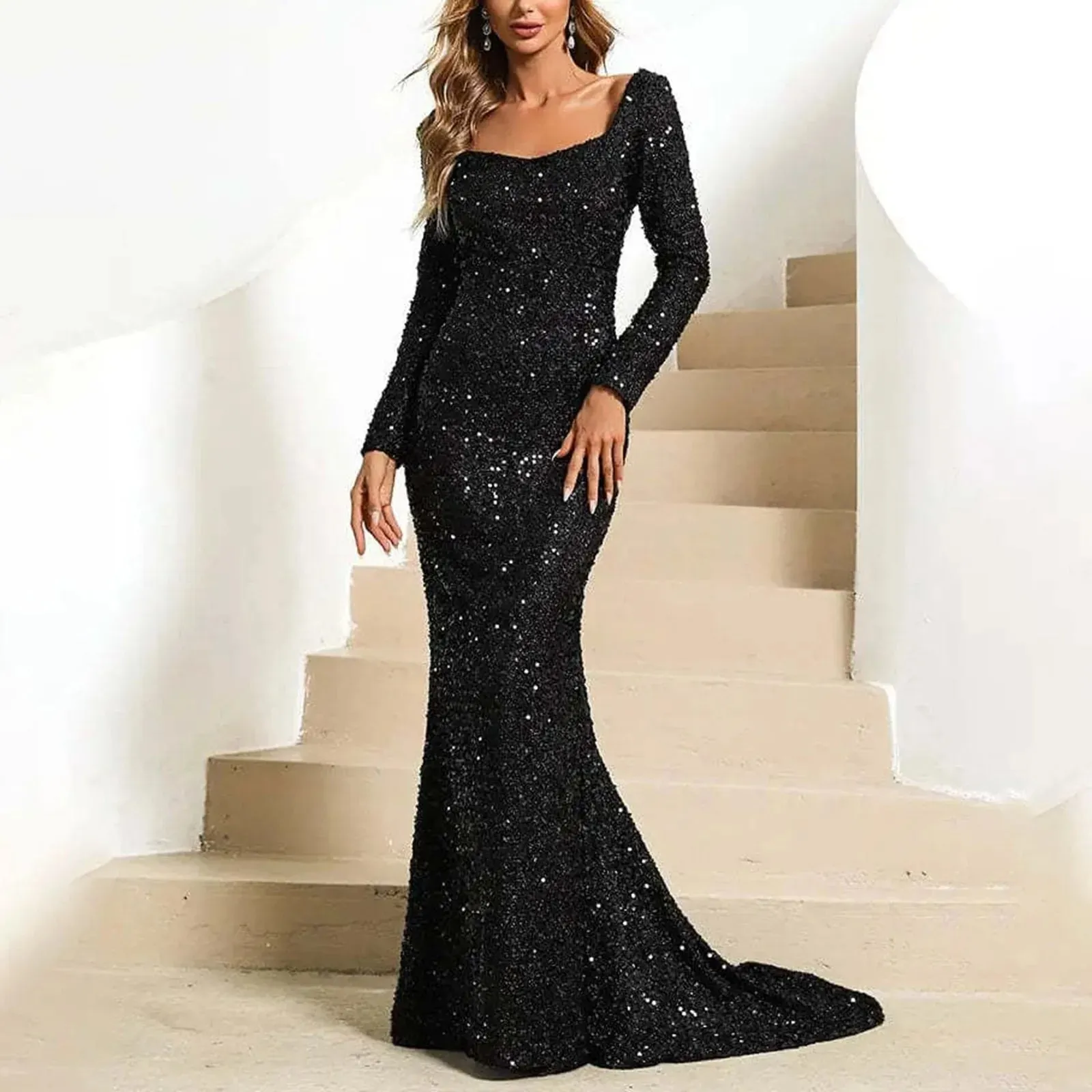 Women's Glitter Sparkly Sequin Floor Length Bodycon Maxi Prom Dress