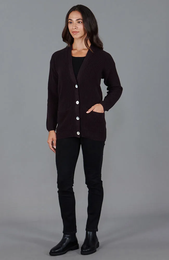 Womens Midweight Cotton Ribbed V Neck Cardigan with Pockets