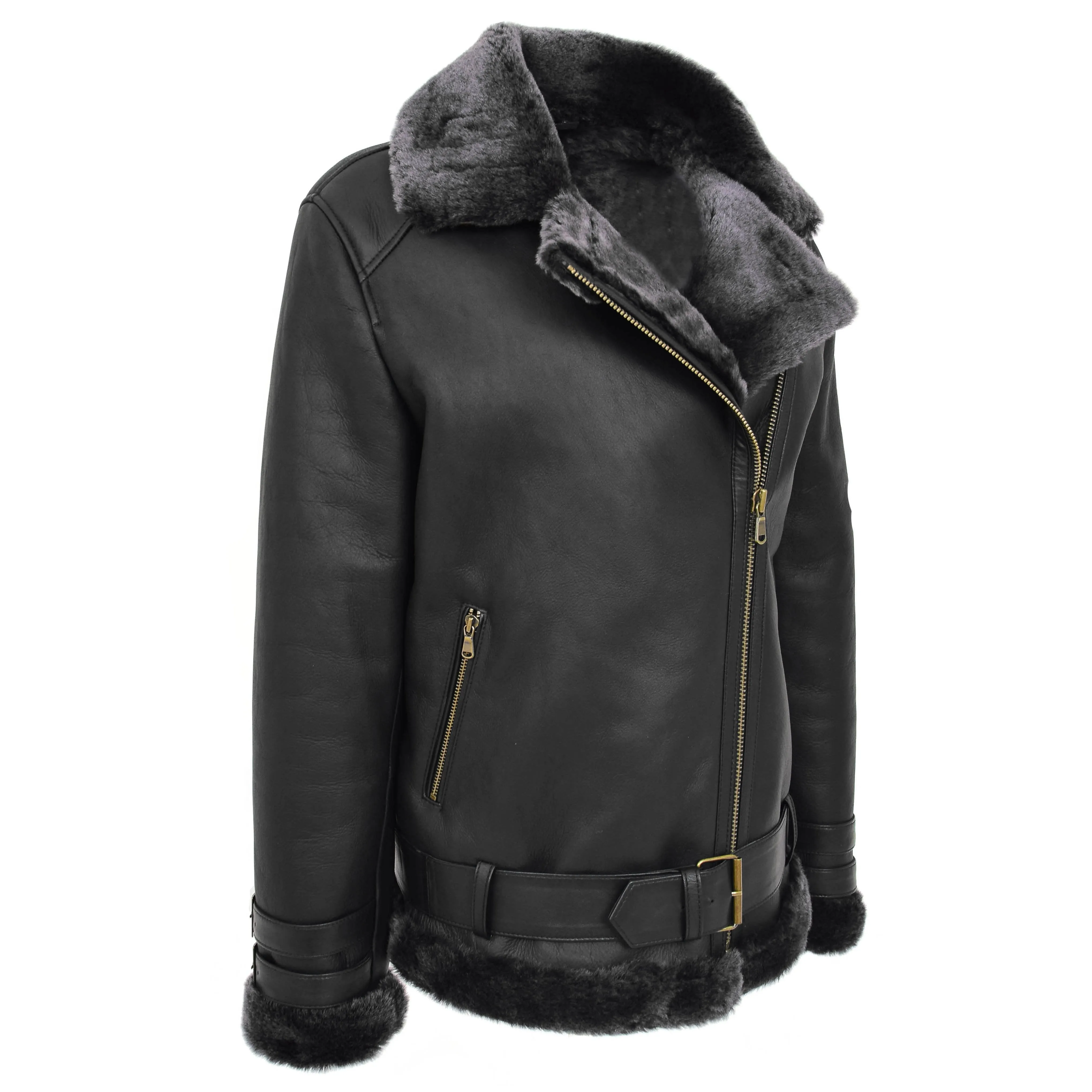 Womens Real Sheepskin Jacket Black X-Zip Aviator Belted Shearling Coat Willow