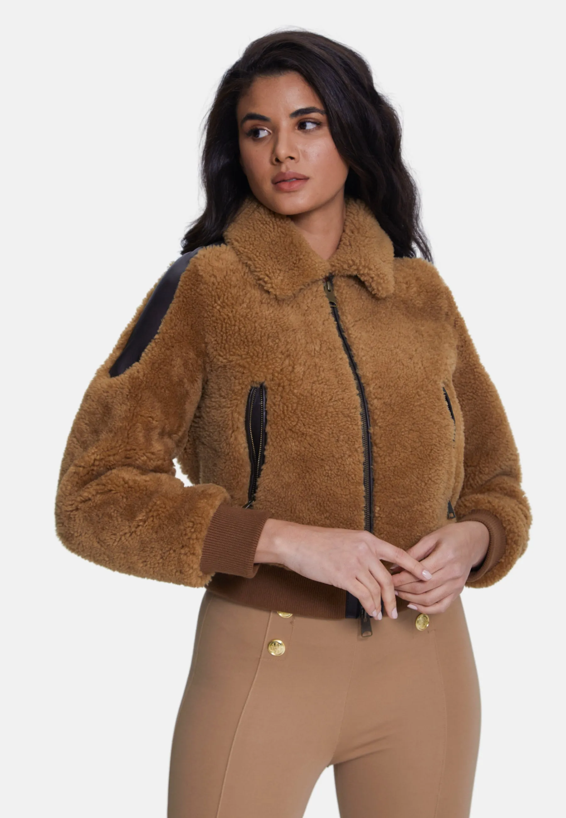 Women's Shearling Jacket,  Brown With Ginger Curly Wool