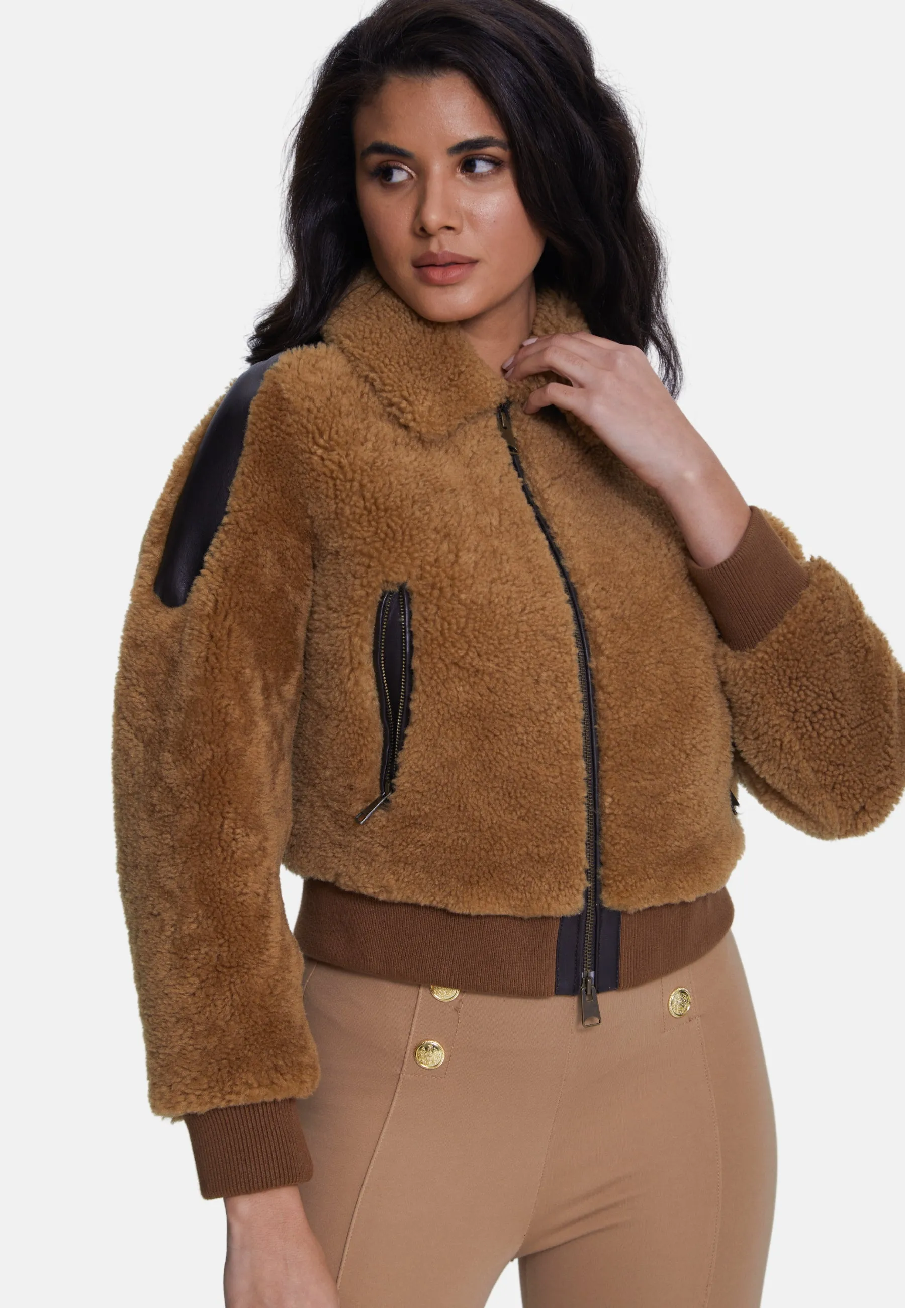 Women's Shearling Jacket,  Brown With Ginger Curly Wool