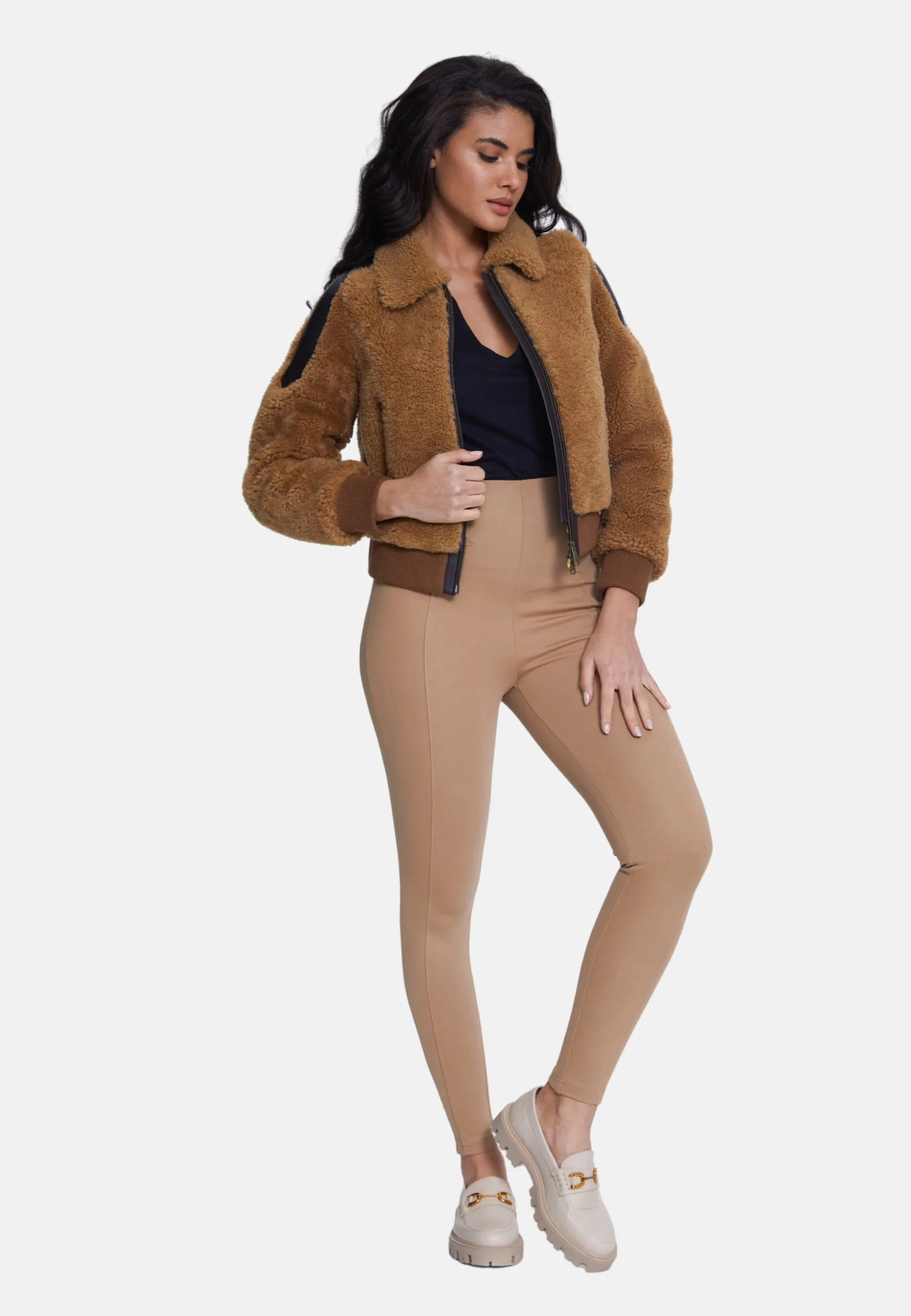 Women's Shearling Jacket,  Brown With Ginger Curly Wool