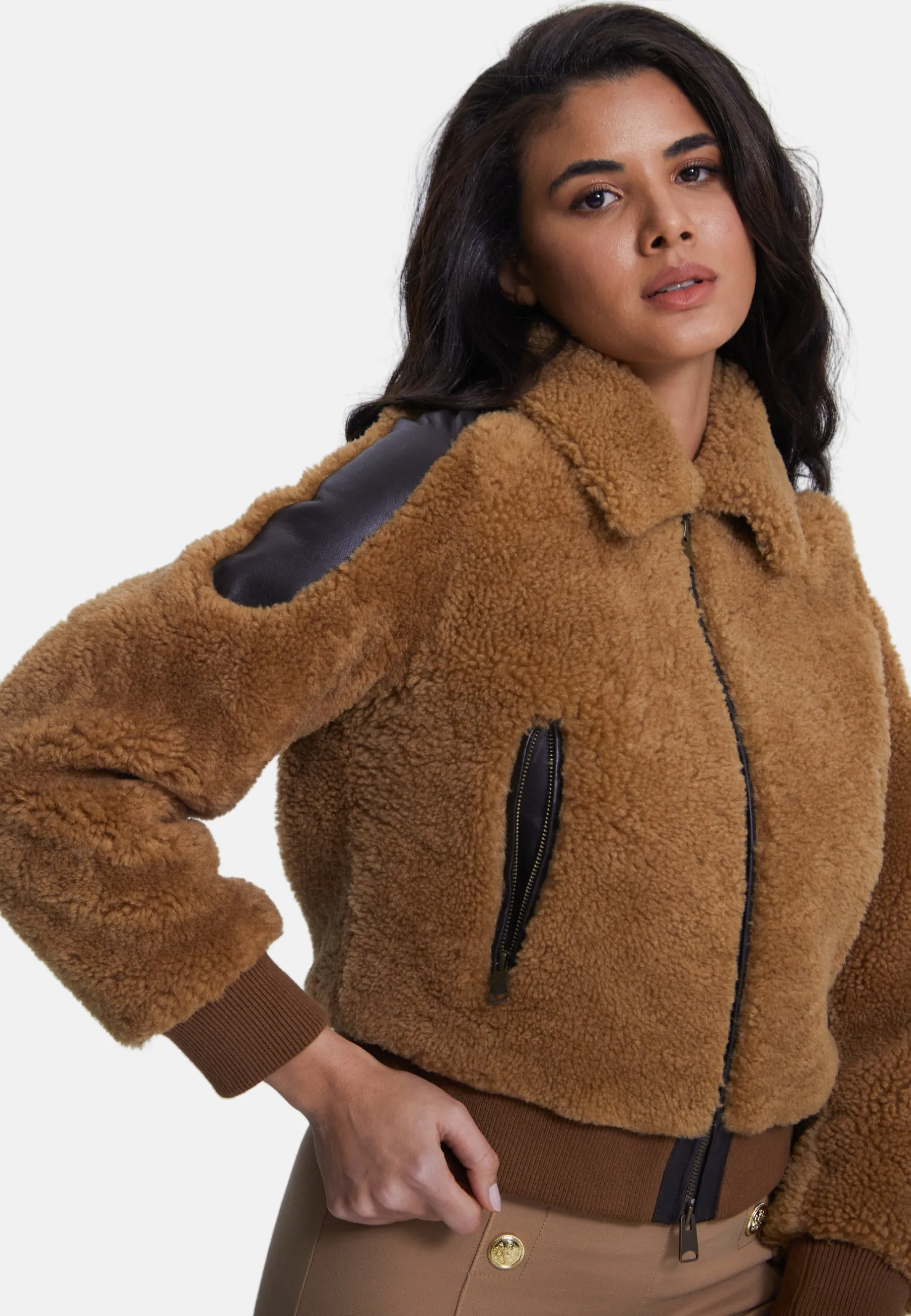 Women's Shearling Jacket,  Brown With Ginger Curly Wool