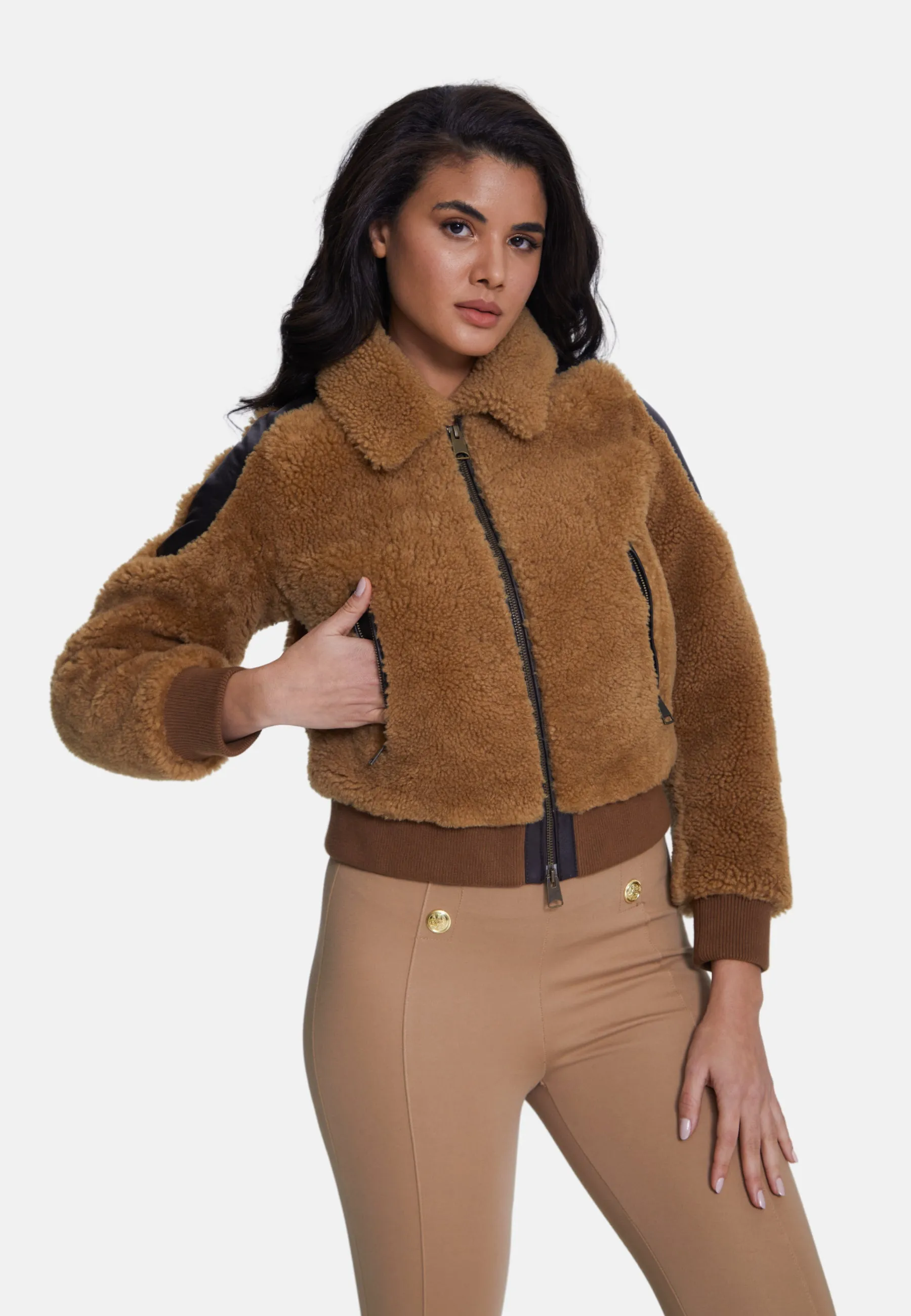 Women's Shearling Jacket,  Brown With Ginger Curly Wool