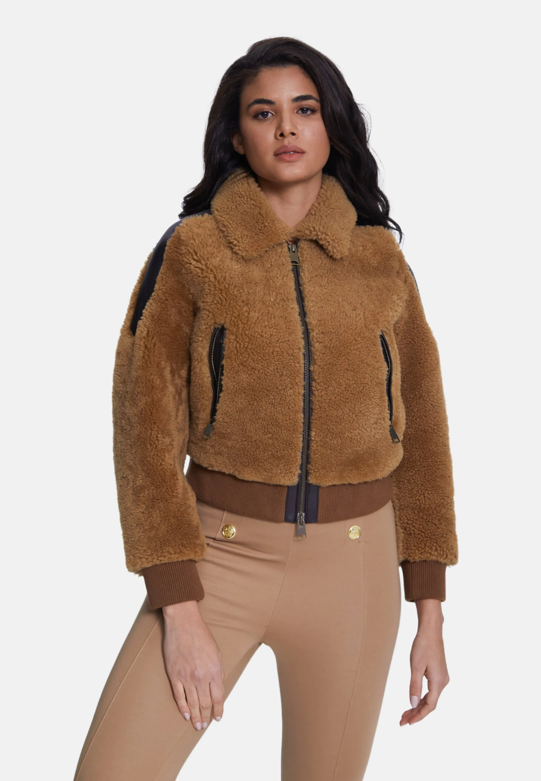 Women's Shearling Jacket,  Brown With Ginger Curly Wool